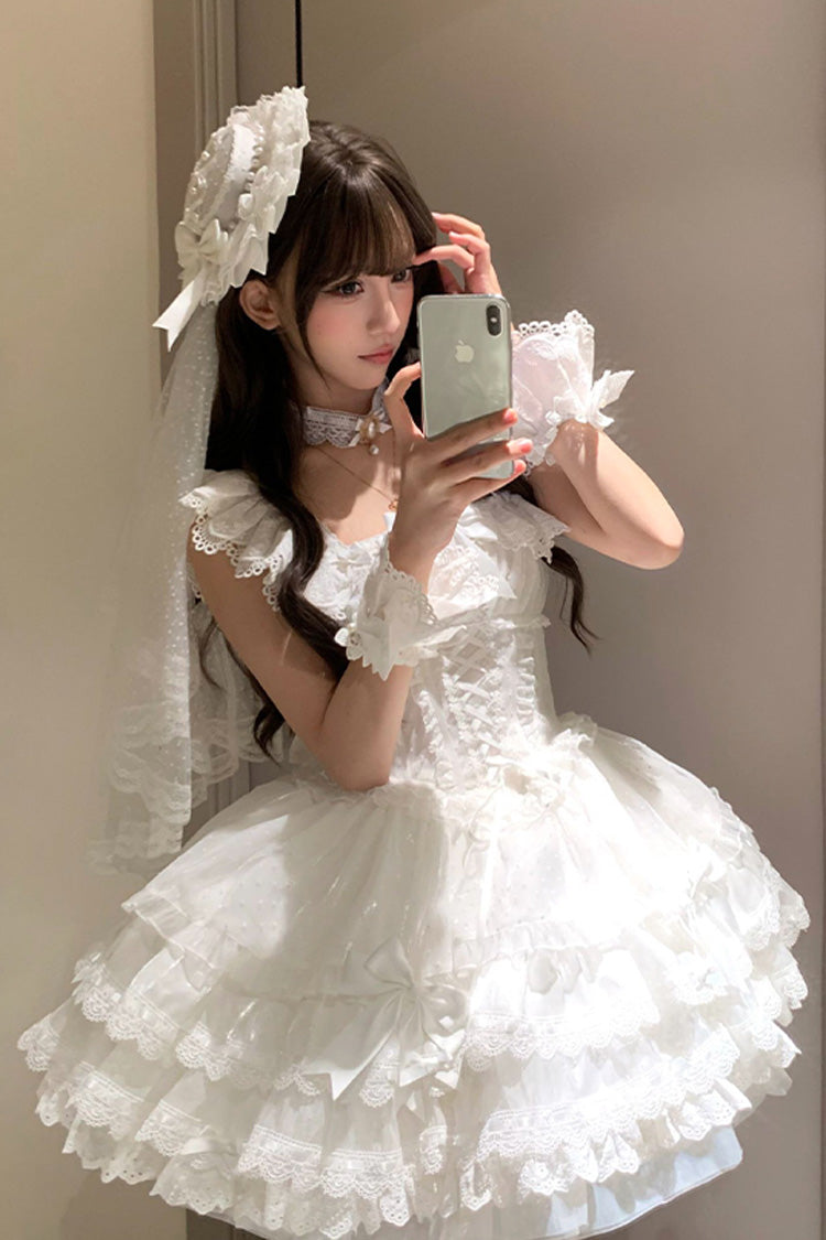 White Flory Butterfly Double-Layered Ruffle Bowknot Lace Lace-Up Sweet Ballet Lolita Jsk Dress