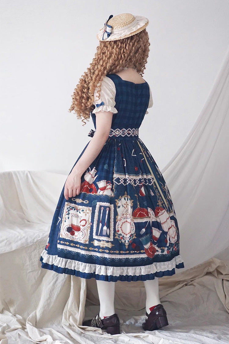Dark Blue Tea Party Short Sleeves Print Ruffle Bowknot Lace Sweet Elegant Lolita Dress