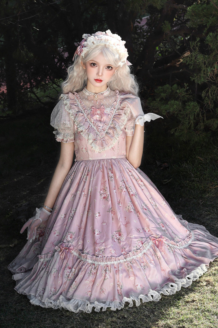 Daydream Rose Short Sleeves Floral Jacquard Print Ruffle Embroidery Bowknot Sweet Lolita Dress 3 Colors