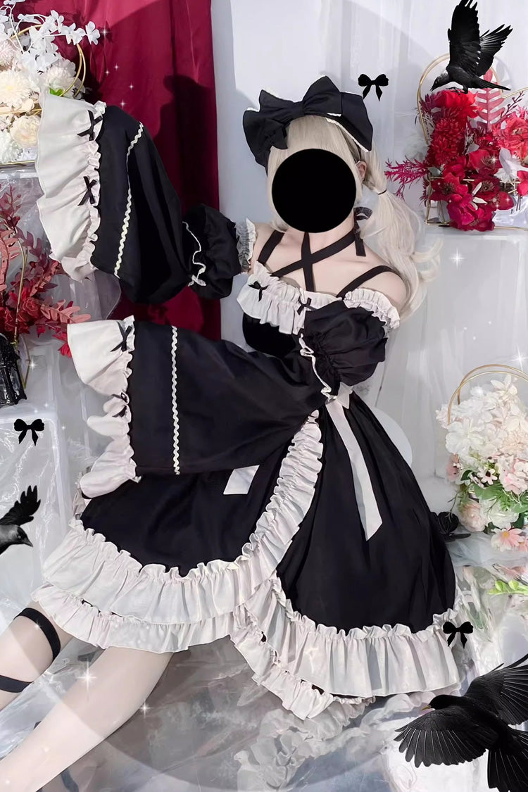 Black Monet Estate Sleeveless High Waisted Ruffle Bowknot Asymmetric Gothic Lolita Jsk Dress