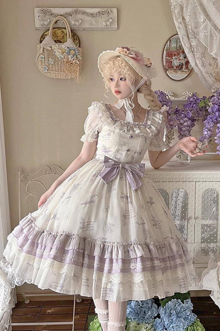 Letters and Poems Starry Bellflower Print Short Sleeve Square Neck Sweet Lolita Dress