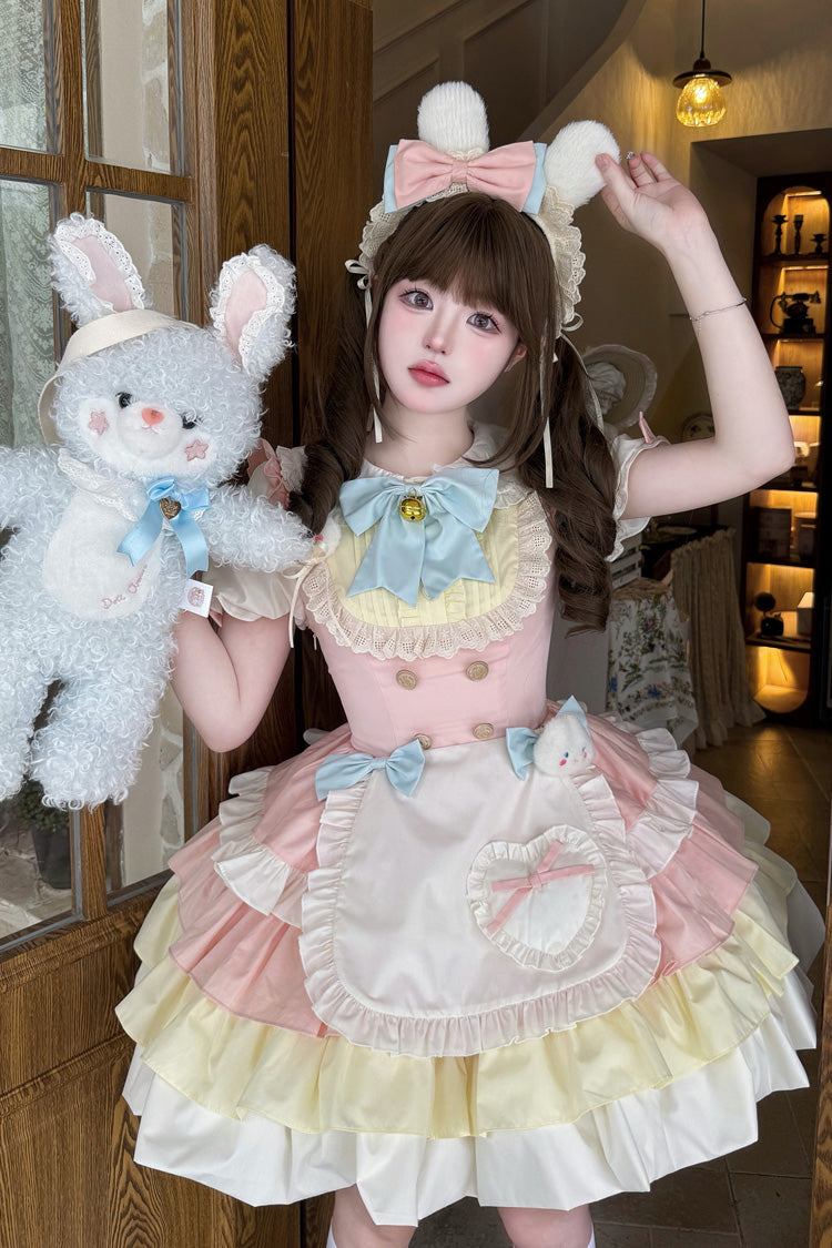 Yellow/Pink Cream Puffs Short Puff Sleeves Triple-Layered Ruffle Bowknot Sweet Lolita Dress