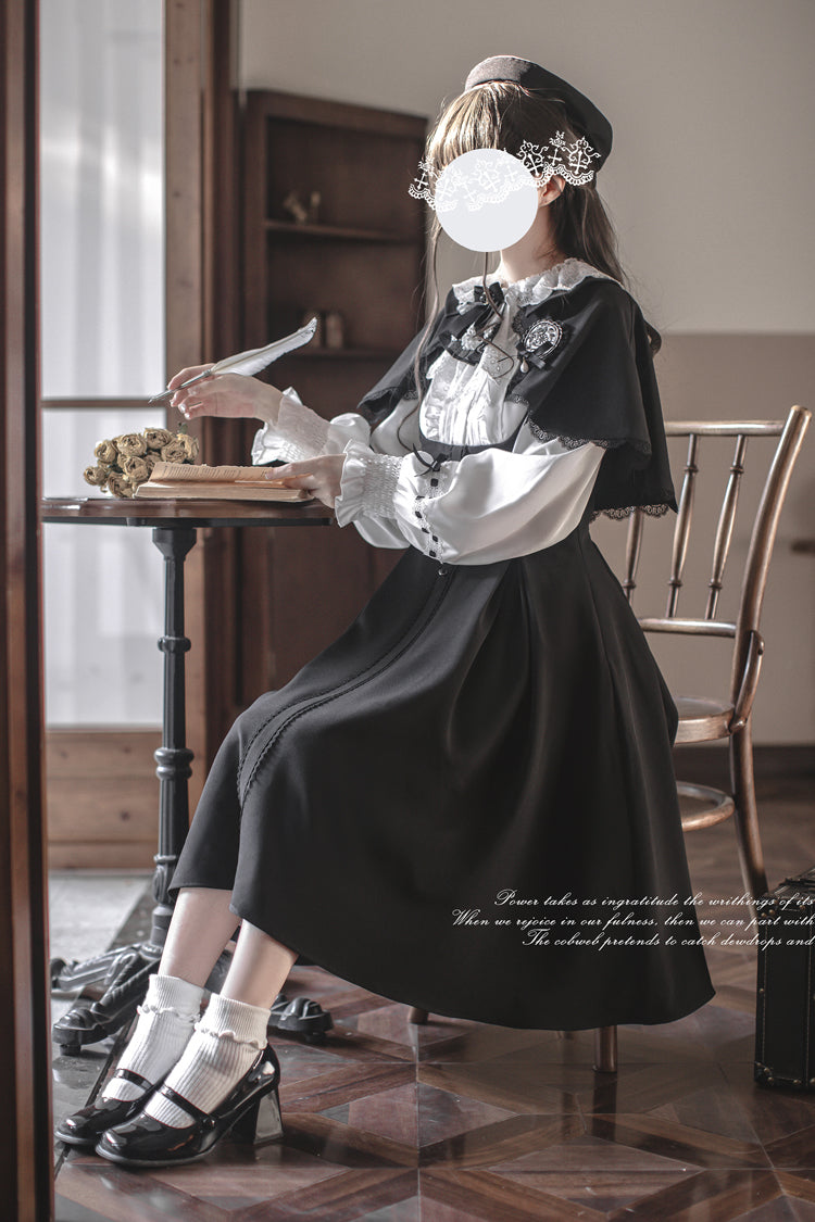 Black/White Sunset Academy Long Sleeves Ruffle Bowknot Fake Two Pieces Vintage College Style Elegant Lolita Dress