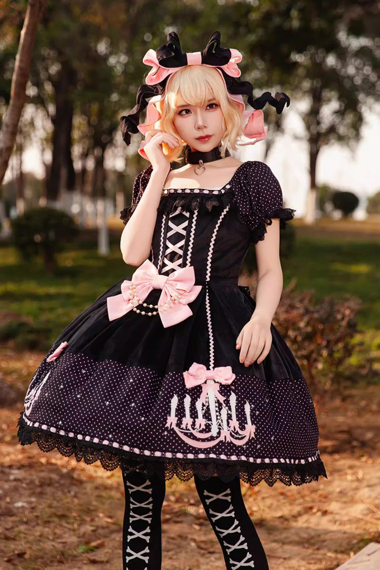 Chandelier Printed Sweet Short Sleeves Bow Lace-Up Pearl-Decorated Lolita Dress 4 Colors