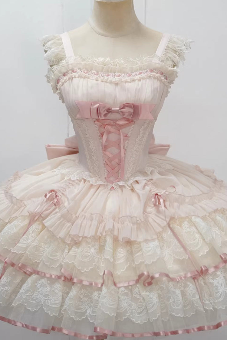 Pink Bale Bebe Sleeveless Triple-Layered Ruffled Bow Lace-Up Sweet Ballet Lolita Dress