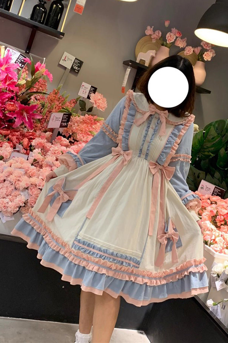 Blue/Pink Sweetheart Puff Doll Collar Long Sleeves Ruffle Bowknot Sweet Plus Size Lolita Dress