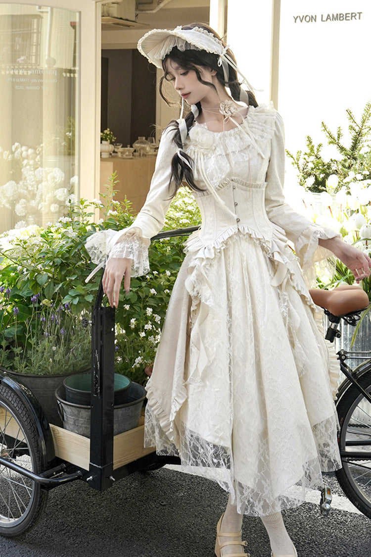 Ivory White Tea Long Sleeves Ruffle Bowknot Lace Irregular Classic Princess Lolita Dress