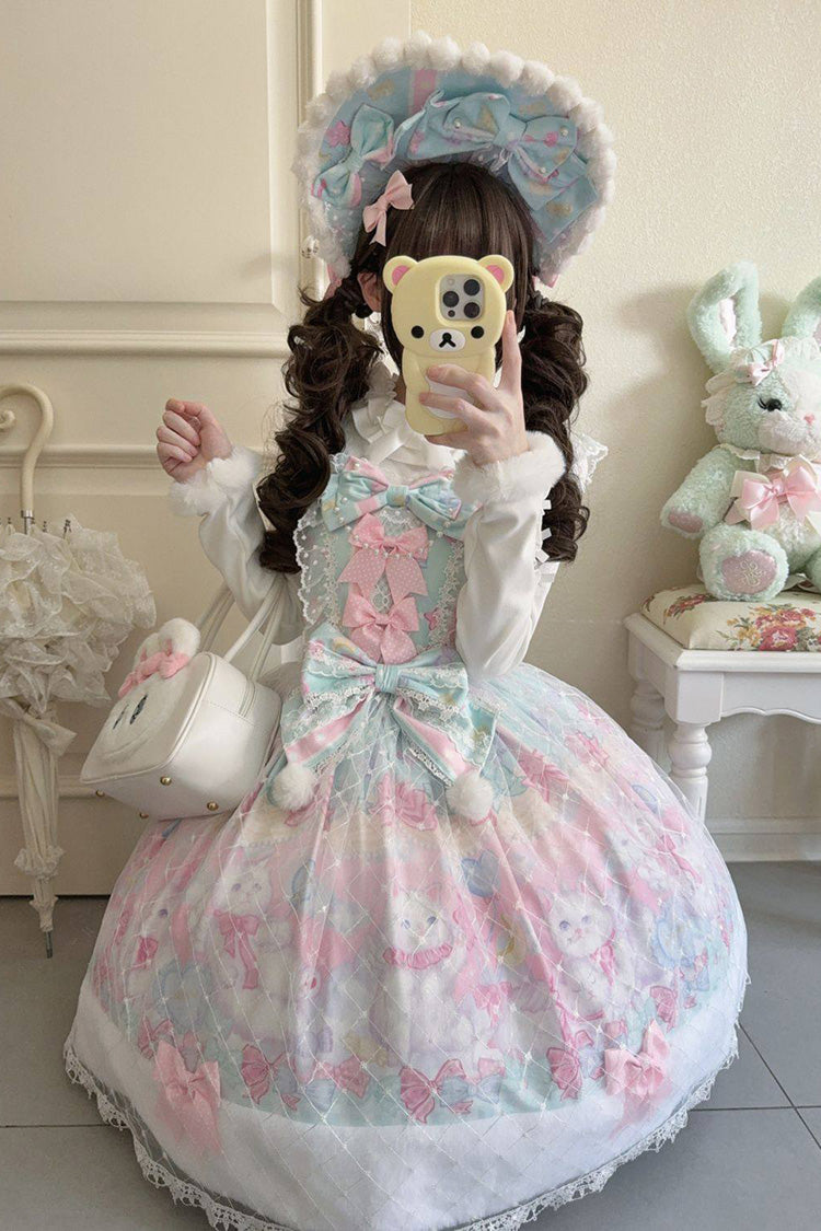Green/Pink Candy Mary Cat Printed Ruffled Embroidered Bow Lace Sweet Lolita Jsk Dress