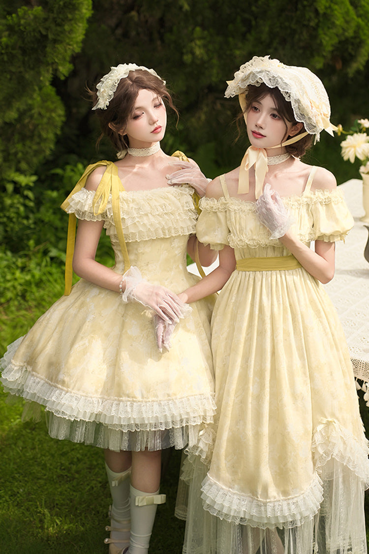 Yellow Falling Flowers as a Message Square Collar Flying Sleeves Print Ruffle Lace Sweet Elegant Lolita Short Dress