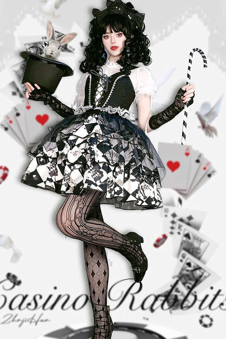 Black/White Board Games Triple-Layered Print Ruffle Vintage Lolita Skirt