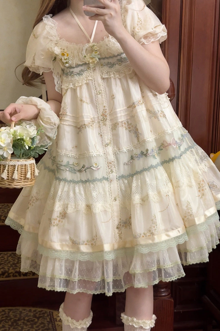 Multi-Color Daisy Poetry Print Ruffle Hollow Embroidery Lace Sweet Elegant Princess Lolita Dress