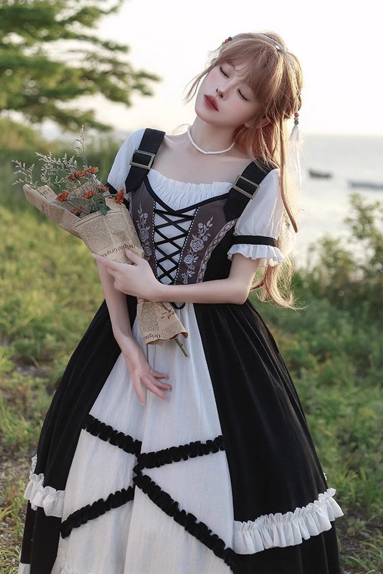 Black/White Bavarian Style Rose Embroidery Short Sleeves Sweet Lolita Dress