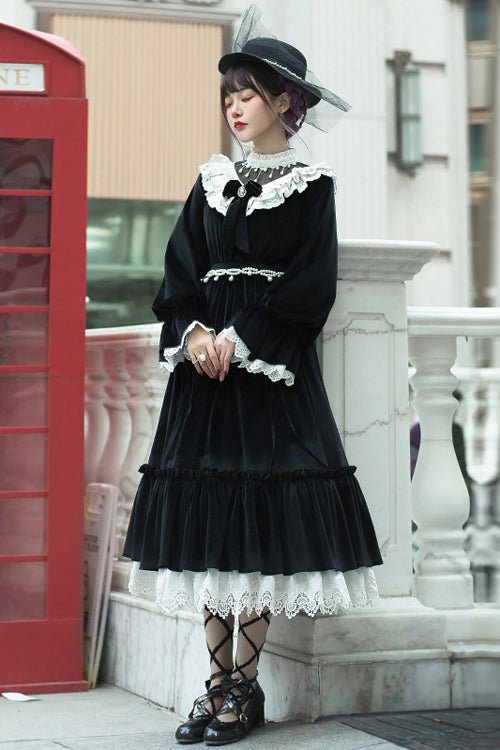 Black Silk Velvet Doll Collar Elegant Long Classic Lolita OP Dress