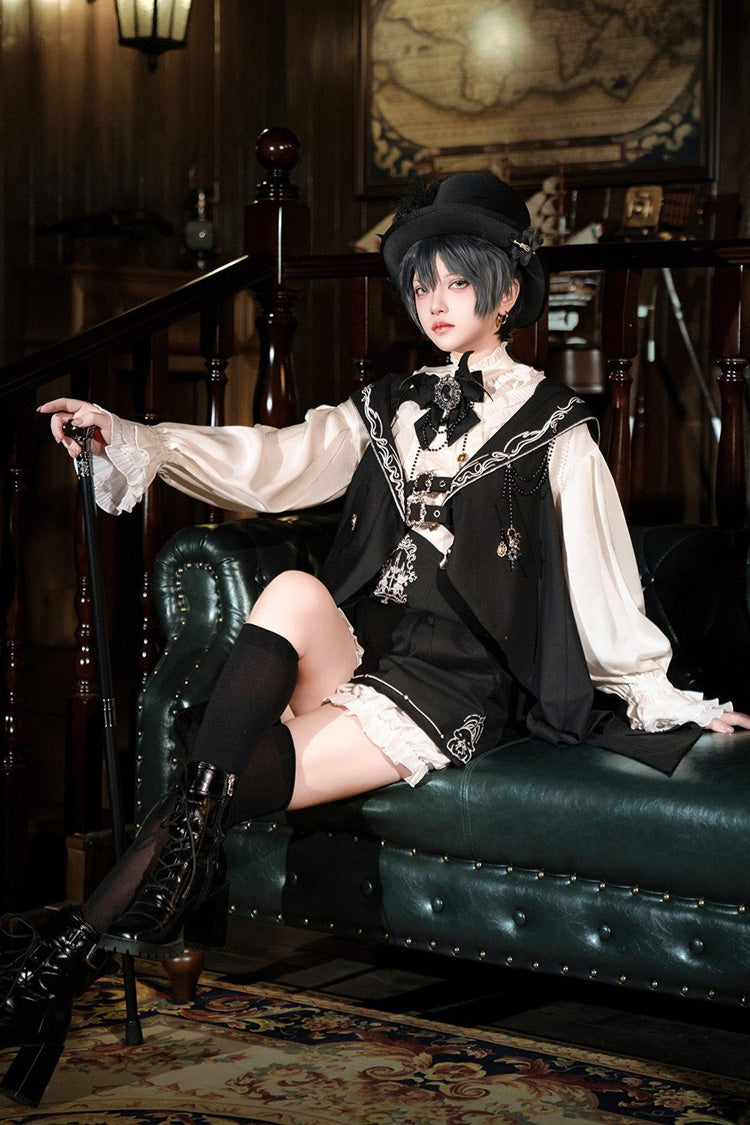 Black Bunny-Eared Meteorite Long Sleeves Embroidered Gothic Prince Ouji Lolita Shorts Vest Set