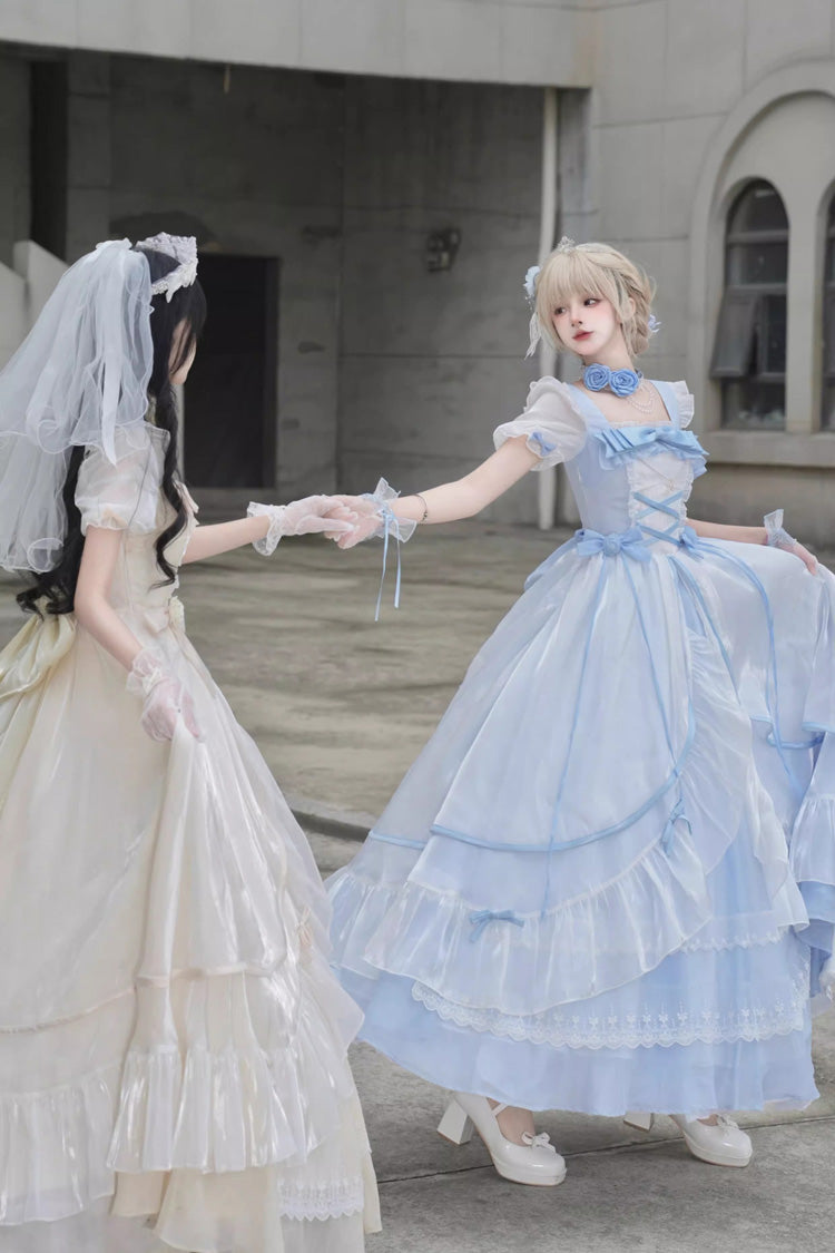 Sweet Short Puff Sleeves Ruffle Hanayome Cardigan Bowknot Princess Gorgeous Lolita Dress 2 Colors