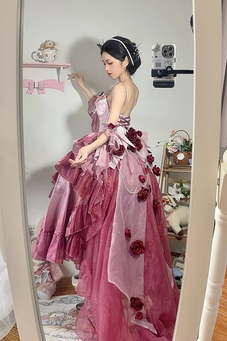 Plum Red Swan Wonderland Embroidery Bowknot Lace-Up Short Front Long Back Irregular Sweet Ballet Lolita Jsk Dress