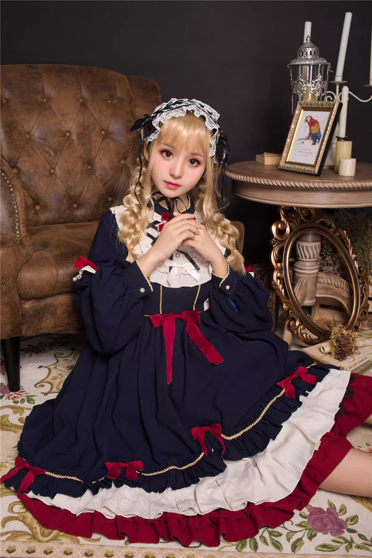 Blue Long Sleeves Ruffle Bowknot Daily Sweet Princess Lolita Dress