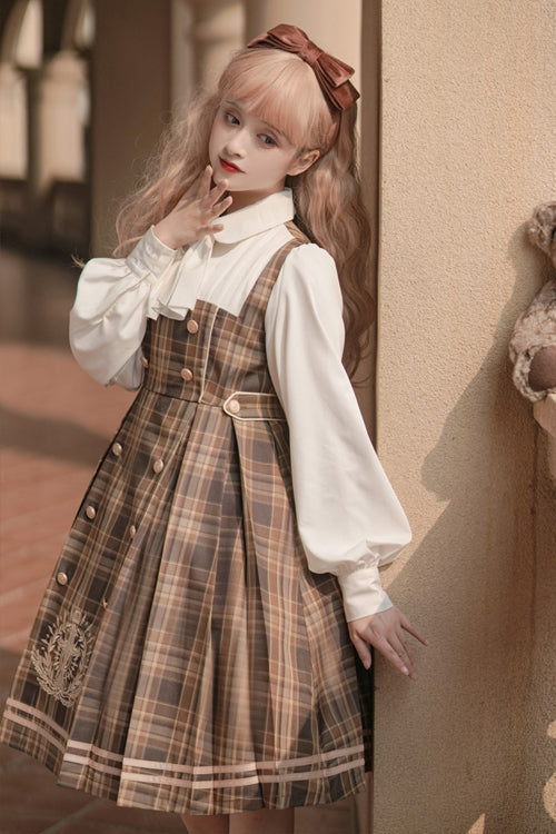 Detective Girl Lapel Collar Double Breasted Embroidery Fake Two Pieces Plaid Sweet Lolita OP Dress