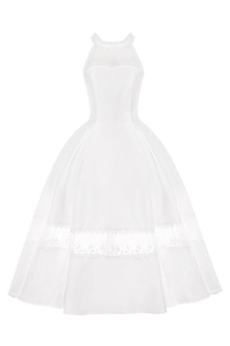 White Flowers in the Mist Off Shoulder Halterneck Print Ruffle Gothic Elegant Lolita Dress