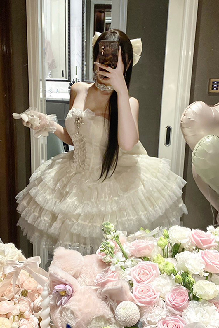 Beige Heartbeat at First Sight Off Shoulder Sleeveless Multi-Layered Ruffle Bowknot Lace Lace-Up Sweet Princess Gorgeous Lolita Dress