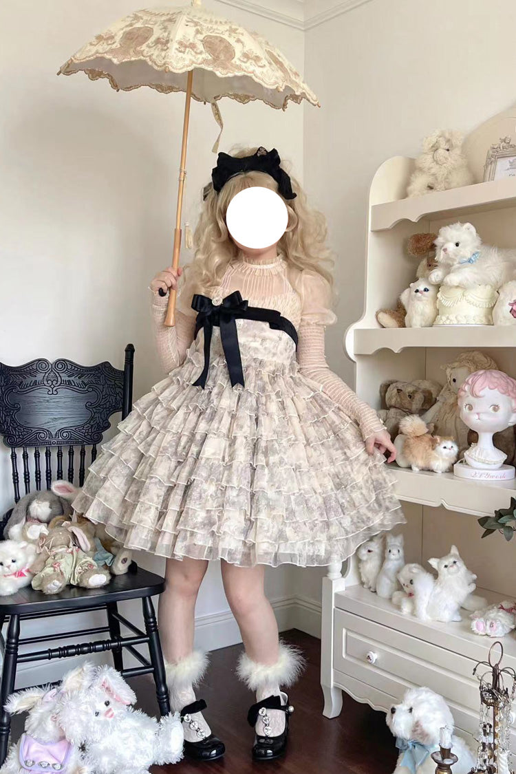 Multi-Color Wonderland Travels Multi-Layered Print Ruffle Bowknot Sweet Lolita Tiered Dress