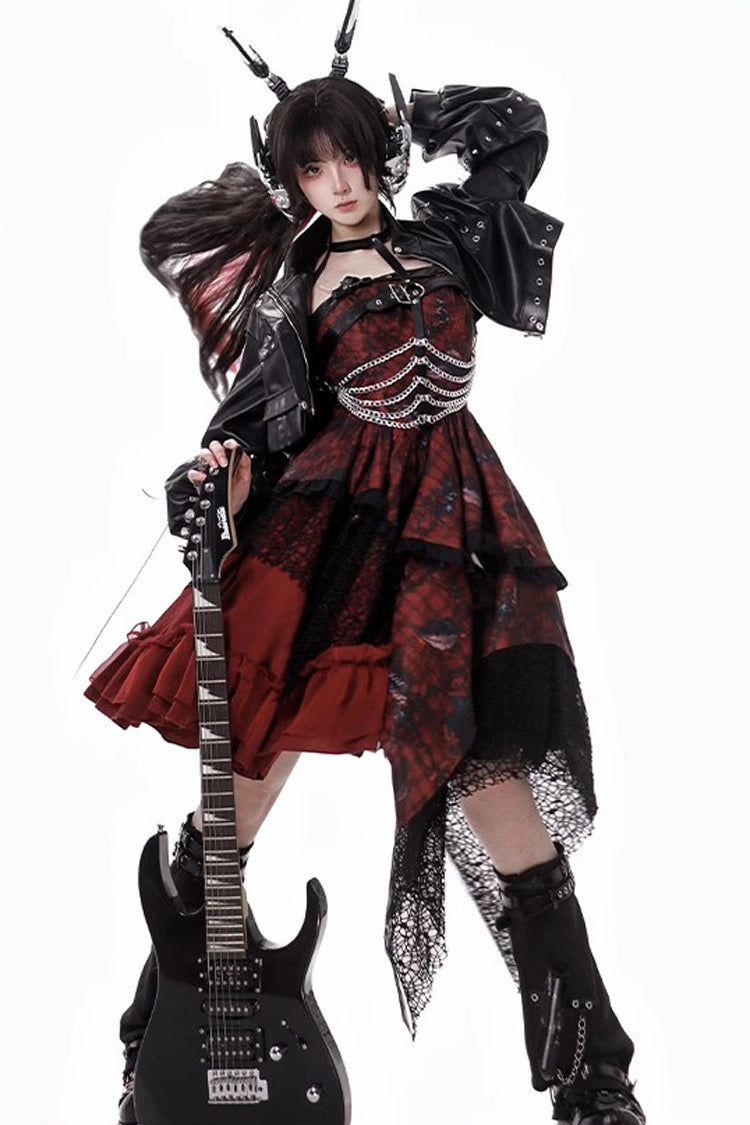Red Strawberries of Blood and Tears Sleeveless Print Ruffle Bowknot Lace Asymmetric Gothic Lolita Jsk Dress