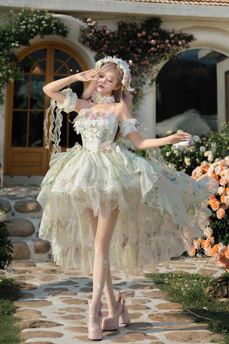 Green Spring Rose Sleeveless Multi-Layered Bowknot Lace-Up Fishbone Sweet Lolita Jsk Dress