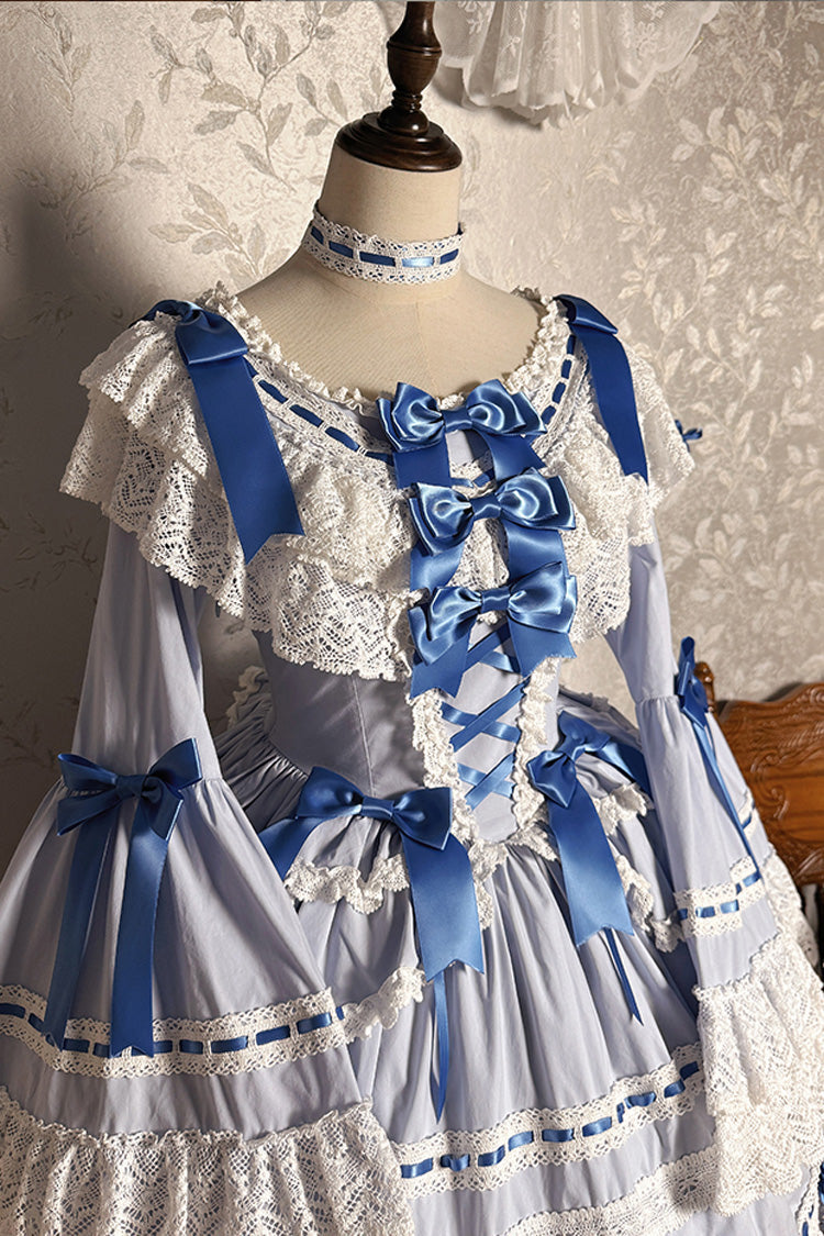 Blue/White Rabbit Sleeping Doll Long Trumpet Sleeves Ruffle Bowknot Lace Sweet Lolita Dress