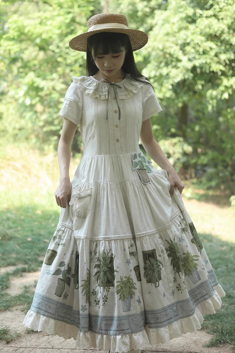 Ivory Potted Plant Short Sleeves Print Ruffle Sweet Lolita Dress