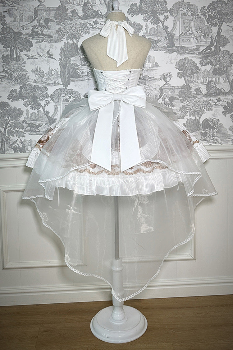 White The Mystery of The Doll Halterneck Print Ruffle Bowknot Drawstring Gothic Lolita Dress
