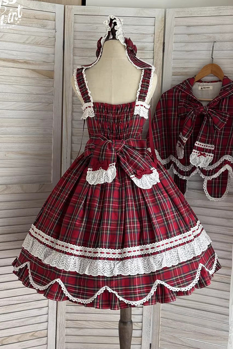 Red Gingham Petal Bunny Printed Ruffled Bow Sweet Lolita Jsk Dress