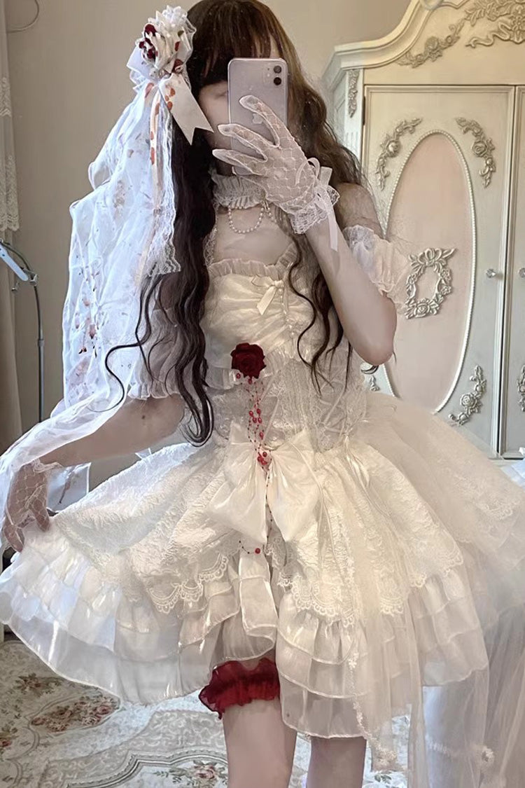 White Blood Kiss Bride Halterneck Multi-Layered Ruffle Hanayome Bowknot Lace Gothic Lolita Jsk Dress