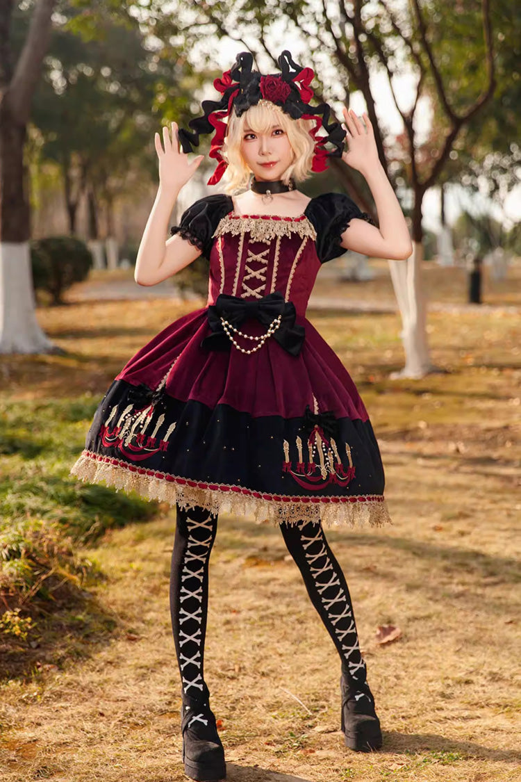 Chandelier Printed Sweet Short Sleeves Bow Lace-Up Pearl-Decorated Lolita Dress 4 Colors