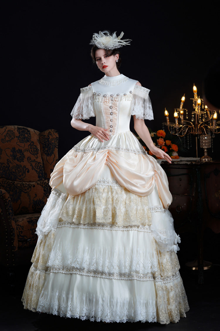 Champagne Stand Collar Multi-Layered Ruffled Lace Classic Vintage Palace Victorian Lolita Dress