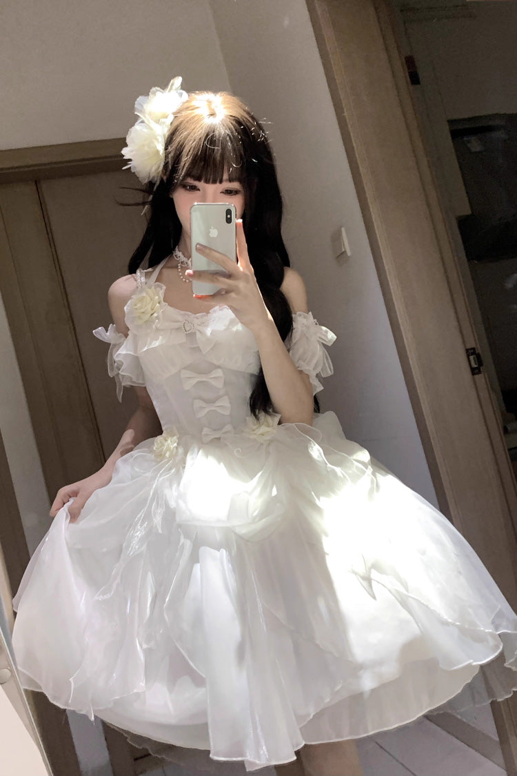 White Cindy Rose Halterneck Sleeveless Ruffle Bowknot Sweet Elegant Lolita Jsk Dress