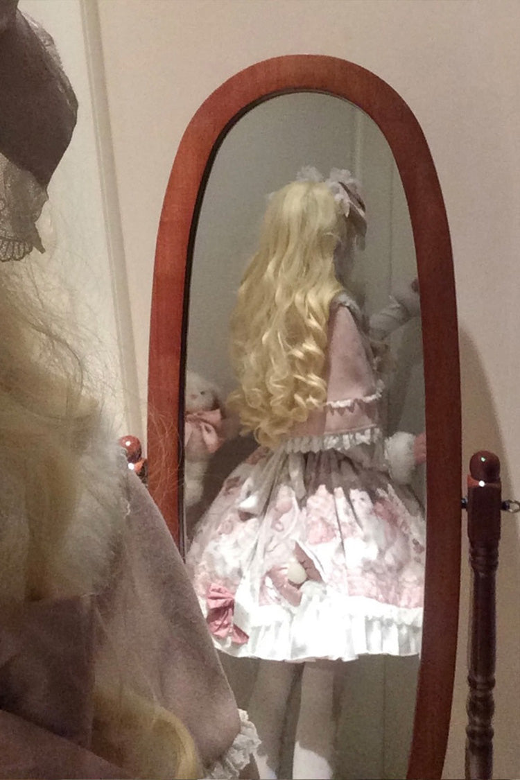 Pink Sweet Dessert Cat Print Ruffle Bowknot Lace Sweet Princess Lolita Dress Set