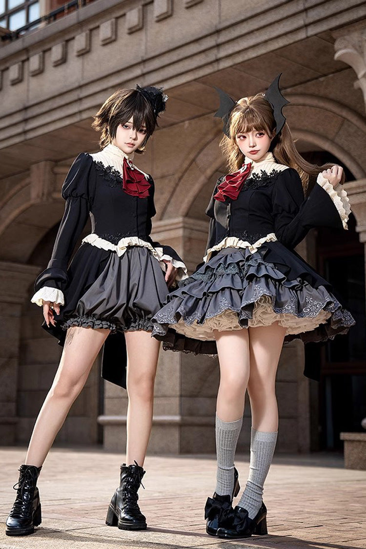Black Eternal Night Feast Multi-Layered Ruffle Lace Gothic Princess Lolita Top and Skirt Set
