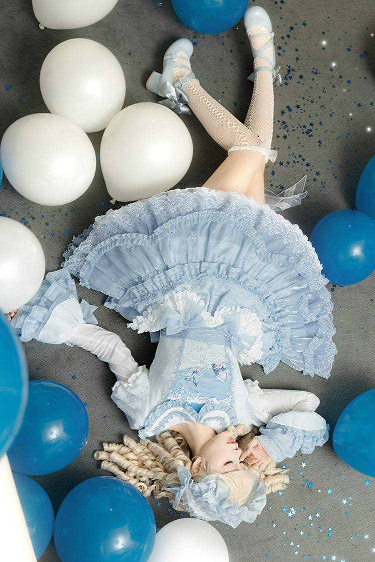 Blue Whale Lapel Collar Short Sleeves Triple-Layered Ruffle Embroidery Sweet Lolita Dress