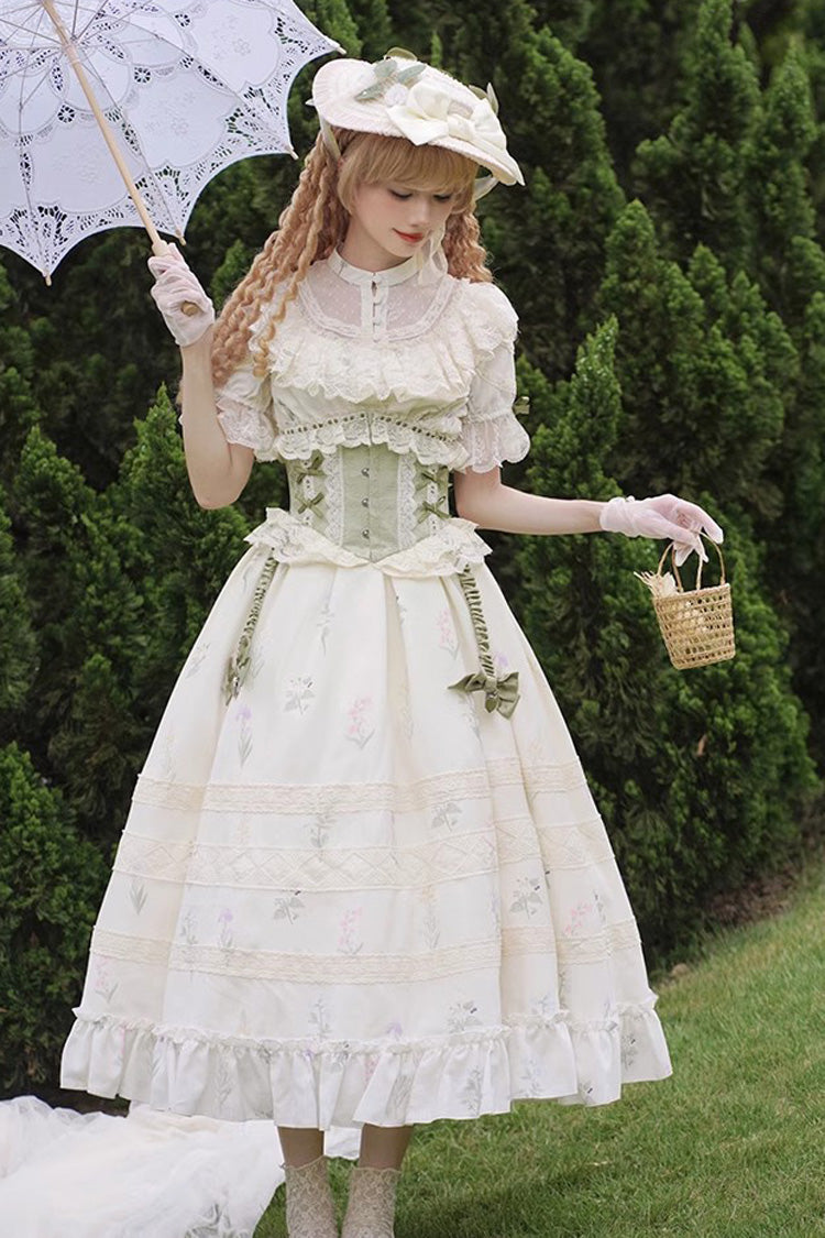White/Green Letters and Poems to Austen Short Sleeves Print Hollow Lace Sweet Elegant Lolita Dress