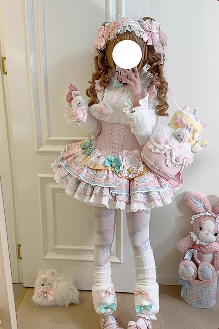Pink Candy House Multi-Layered Print Ruffle Bowknot Lace-Up Sweet Ballet Lolita Jsk Dress