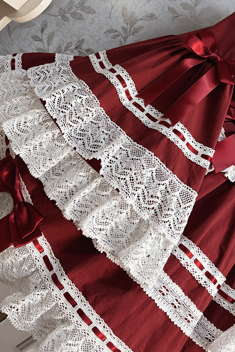 Wine Red Rabbit Sleeping Doll Long Trumpet Sleeves Ruffle Bowknot Lace Sweet Lolita Dress