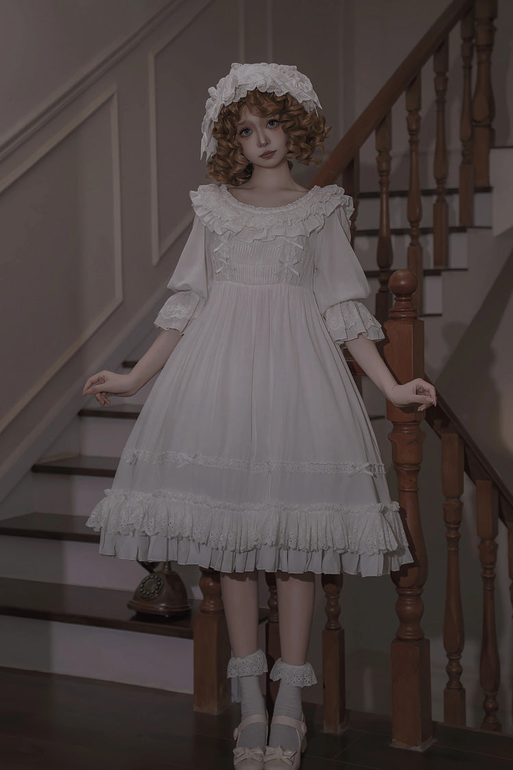White Good Morning Short Sleeves Ruffle Bowknot Lace-Up Gothic Lolita Dress