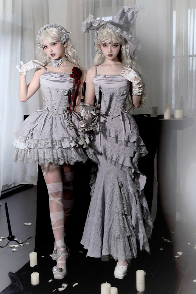 Silver Grey Twilight Ruffle Lace Irregular Gothic Witch Lolita Fishtail Skirt Set