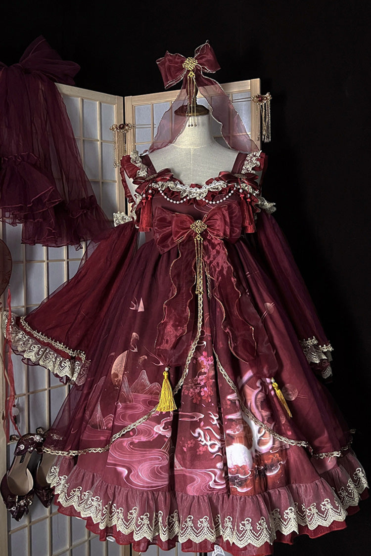 Nine-tailed fox Print Ruffle Bowknot Classic Chinese Style Princess Lolita Jsk Dress 2 Colors