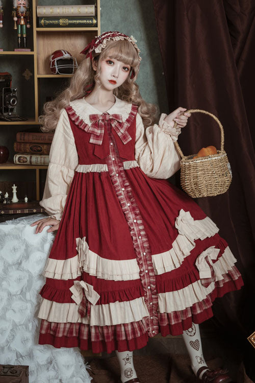 Little Red Riding Hood Lapel Collar Christmas Bowknot High Waisted Multi-Layer Ruffled Sweet Lolita OP Dress