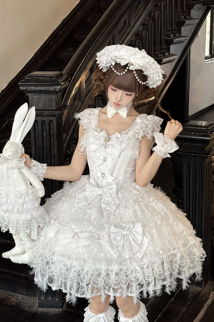 White Cloudborne Snowfeather Sleeveless Multi-Layered Hanayome Bowknot Pearl Gothic Lolita Jsk Dress