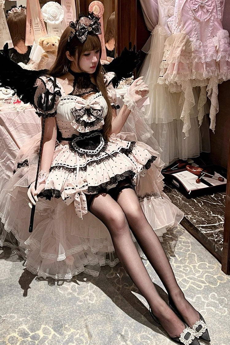 Pink Apprentice Cupid Halterneck Short Sleeves Print Ruffle Bowknot Lace Maid Sweet Lolita Dress