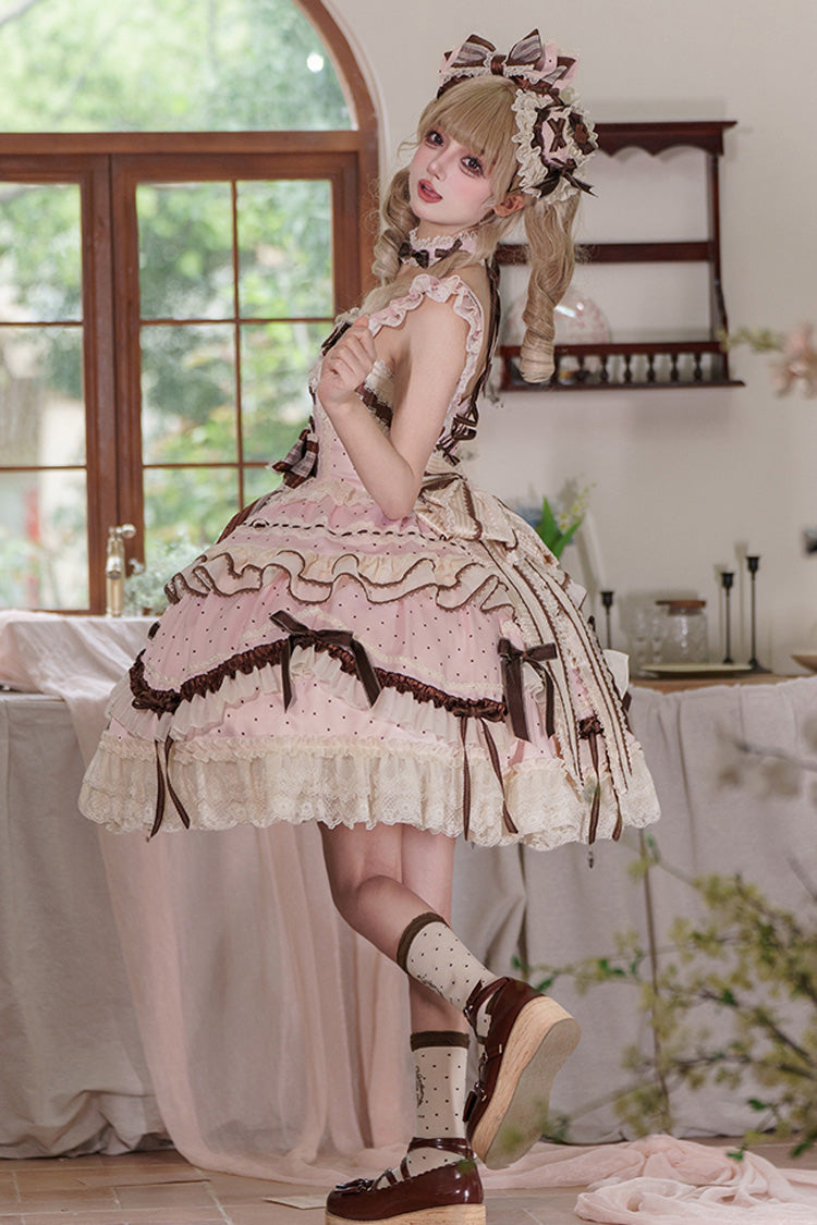 Pink Shengqiao Tata Sleeveless Print Ruffle Bowknot Lace-Up Sweet Elegant Lolita Jsk Dress