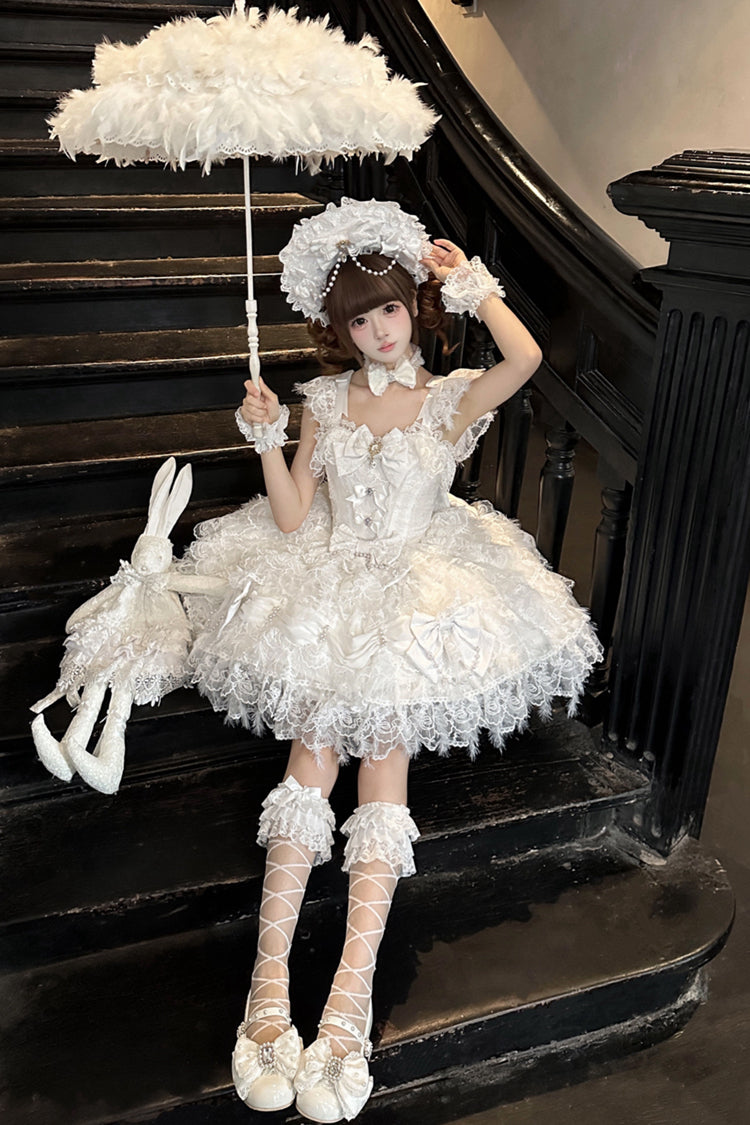 White Cloudborne Snowfeather Sleeveless Multi-Layered Hanayome Bowknot Pearl Gothic Lolita Jsk Dress