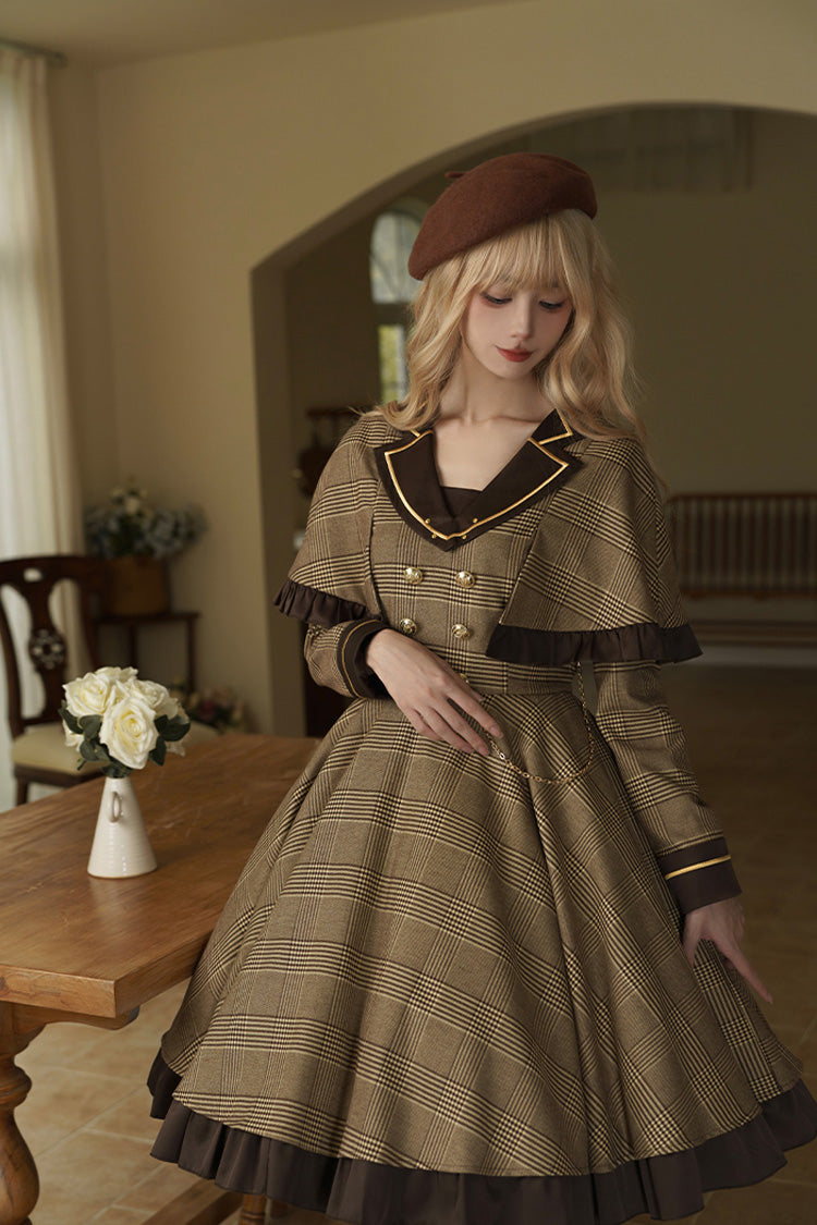 Brown Baker Street Stories Stripe Print Ruffle Fake Two Pieces British College Style Classic Lolita Dress